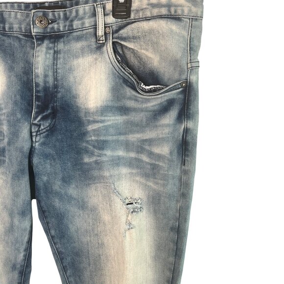 Smoke Rise Men's Distressed Slim Patch Wash Sz 42x32 Denim Jeans Ripped Knees - Picture 2 of 10